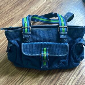 The Sak Blue Knit Preppy Shoulder Bag Green Accents EUC